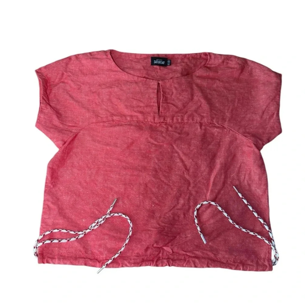 Kate Spade Saturday Red Linen drawstring Hirt sleeve shirt - XS